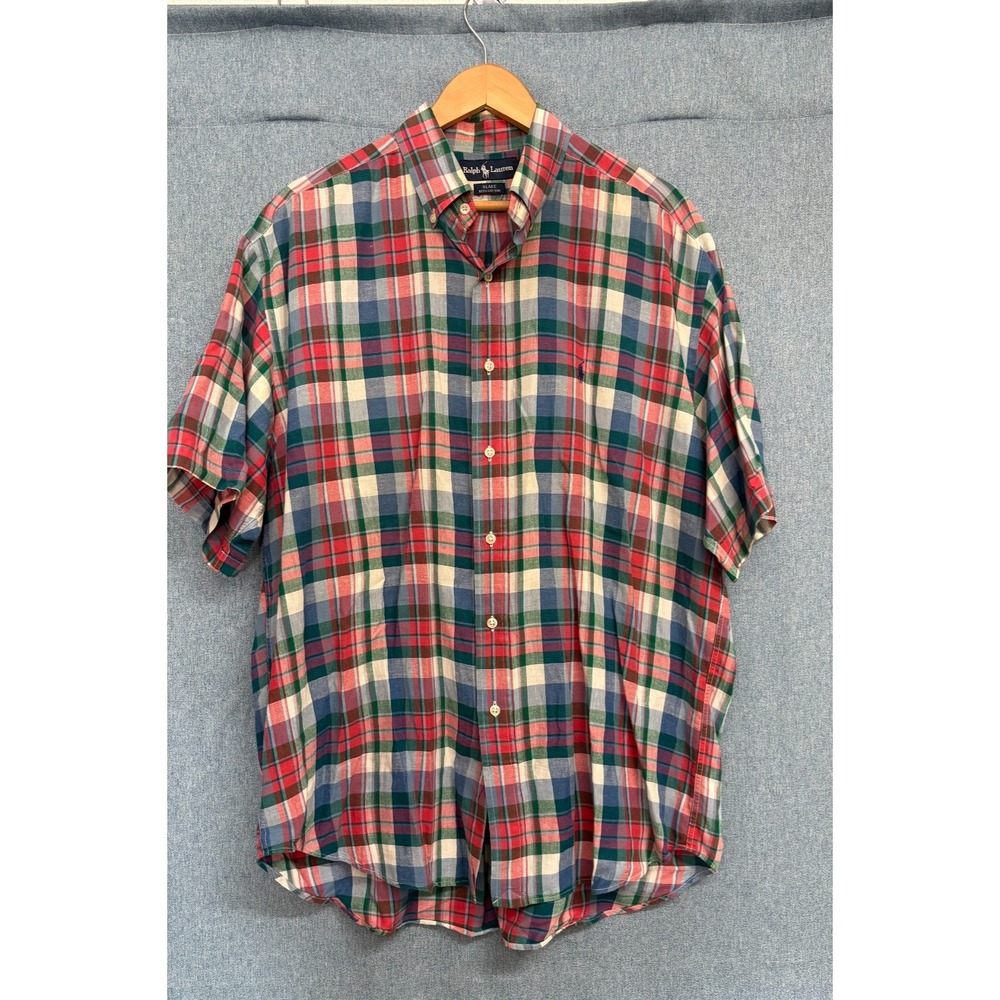Polo Ralph Lauren Mens L Short Sleeve Plaid Button Down Shirt Red Green Blue‎
